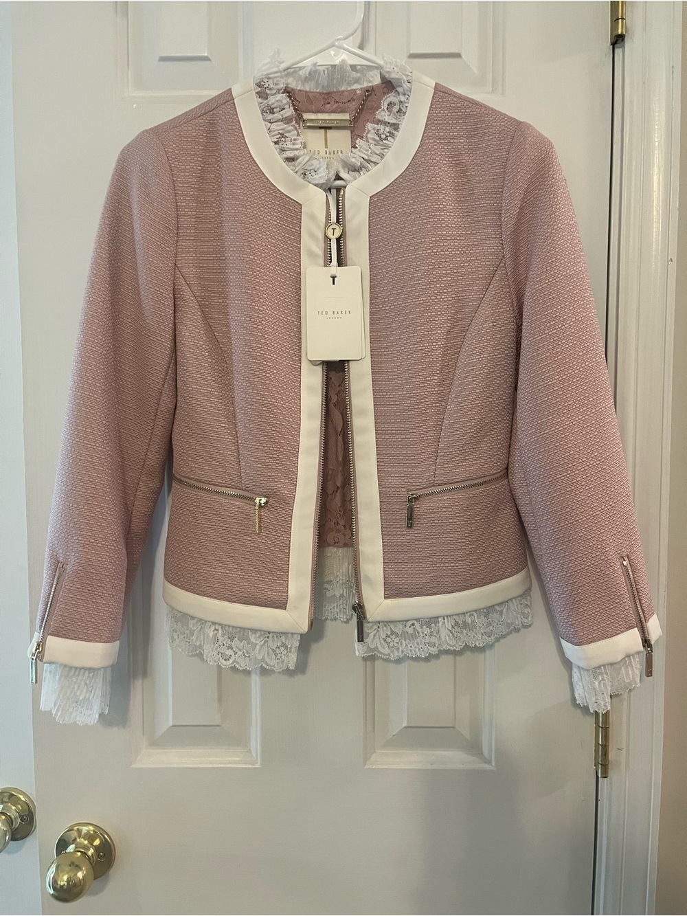 Ted Baker Blush Pink Lace-Trim Cropped Jacket with Cream Trim